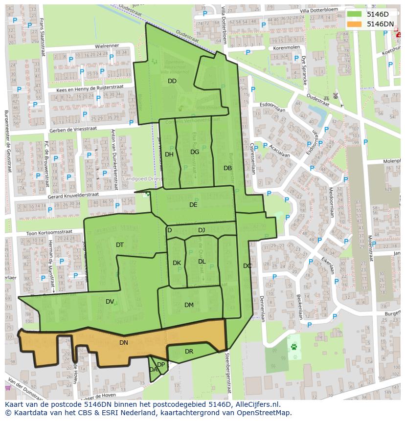 Afbeelding van het postcodegebied 5146 DN op de kaart.
