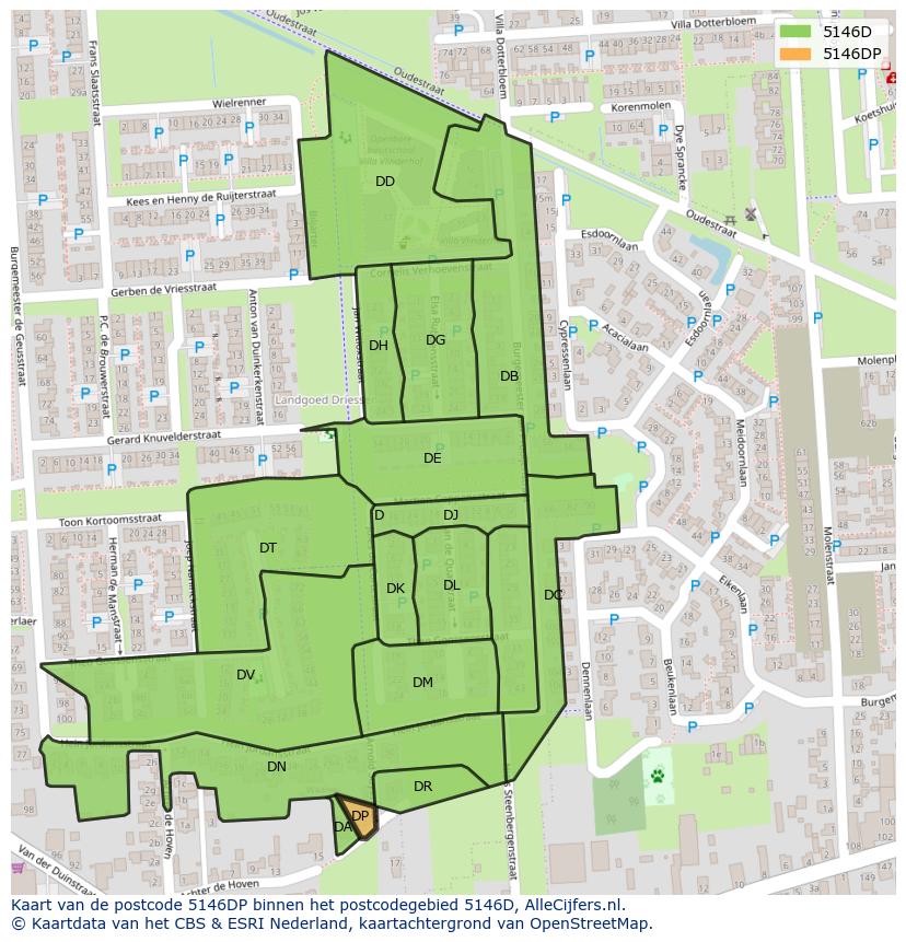 Afbeelding van het postcodegebied 5146 DP op de kaart.