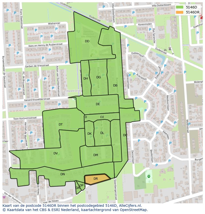 Afbeelding van het postcodegebied 5146 DR op de kaart.