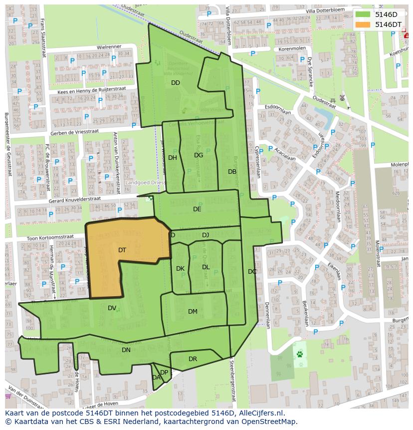 Afbeelding van het postcodegebied 5146 DT op de kaart.