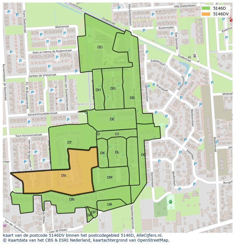 Afbeelding van het postcodegebied 5146 DV op de kaart.
