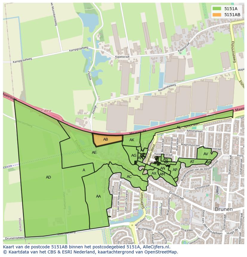 Afbeelding van het postcodegebied 5151 AB op de kaart.