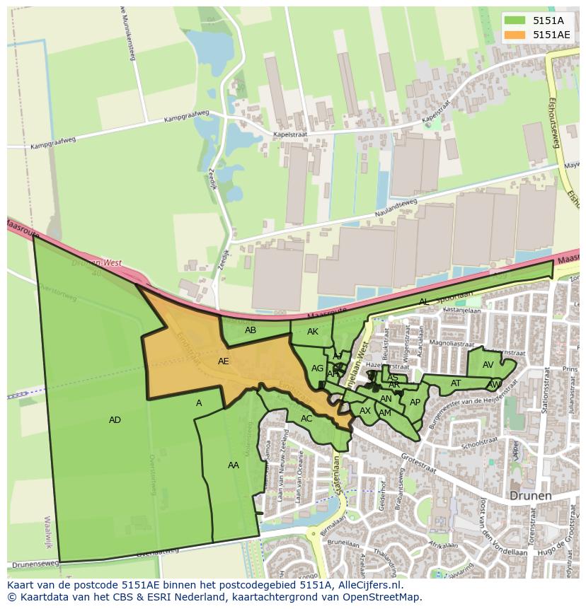 Afbeelding van het postcodegebied 5151 AE op de kaart.