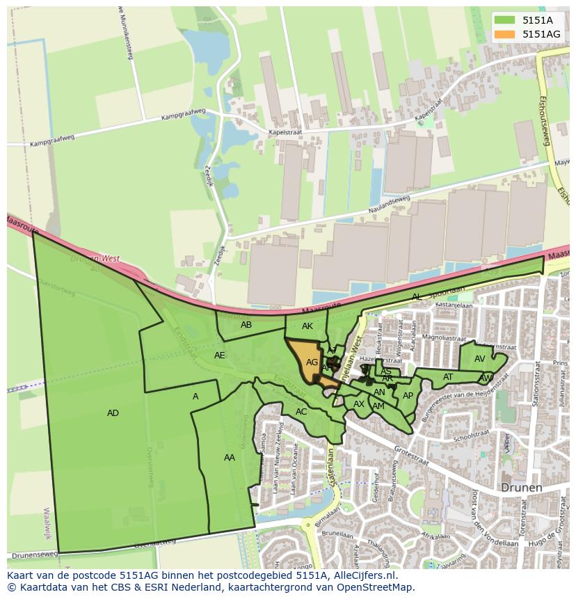 Afbeelding van het postcodegebied 5151 AG op de kaart.