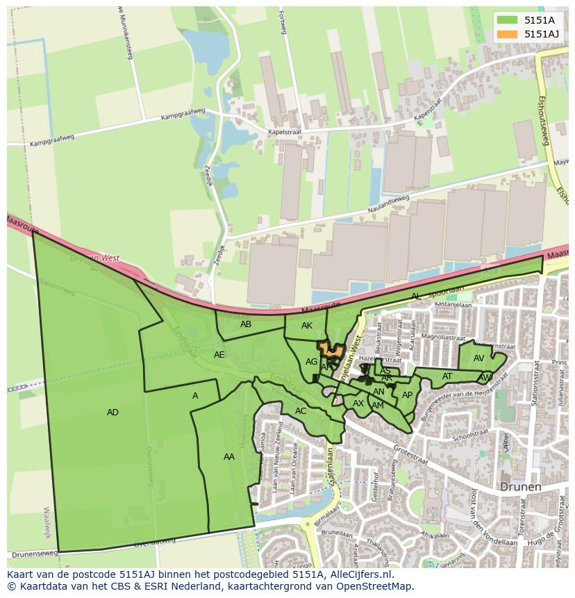Afbeelding van het postcodegebied 5151 AJ op de kaart.