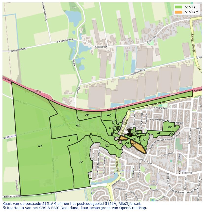 Afbeelding van het postcodegebied 5151 AM op de kaart.