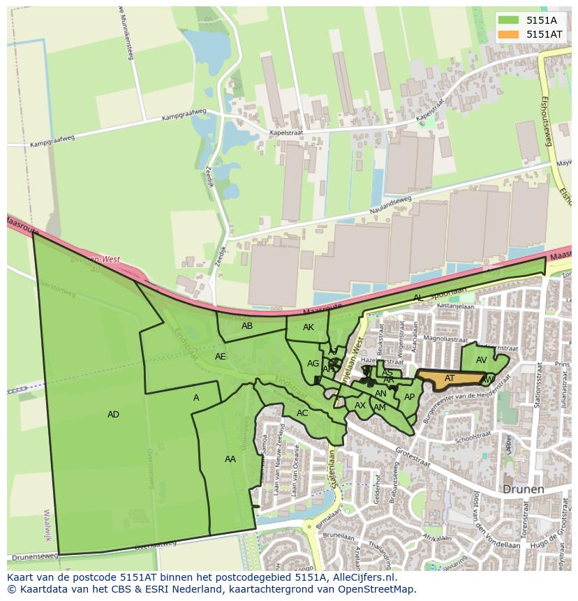 Afbeelding van het postcodegebied 5151 AT op de kaart.