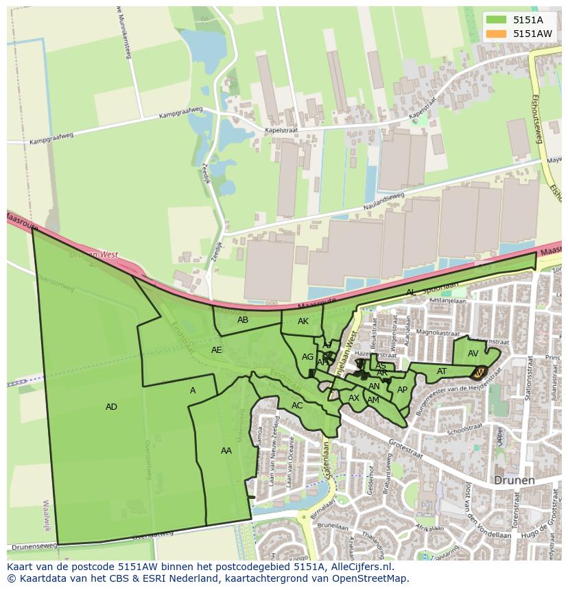 Afbeelding van het postcodegebied 5151 AW op de kaart.