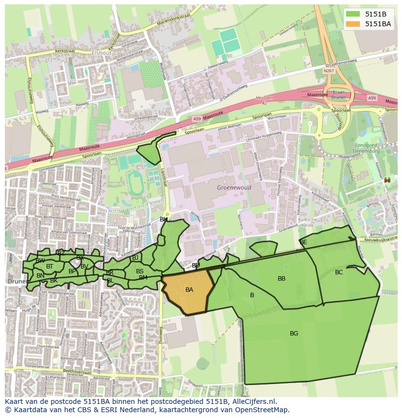 Afbeelding van het postcodegebied 5151 BA op de kaart.