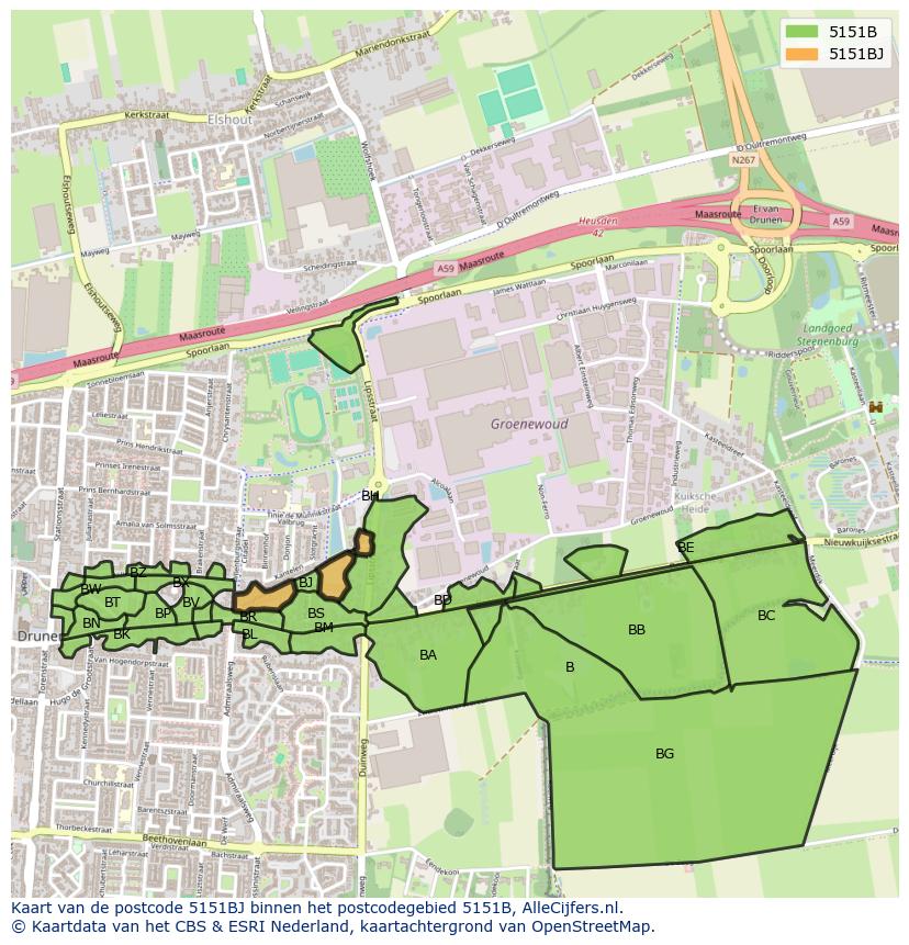 Afbeelding van het postcodegebied 5151 BJ op de kaart.