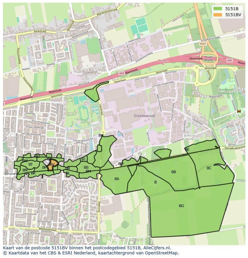 Afbeelding van het postcodegebied 5151 BV op de kaart.