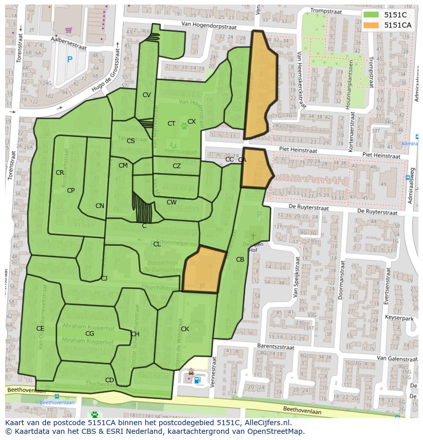 Afbeelding van het postcodegebied 5151 CA op de kaart.