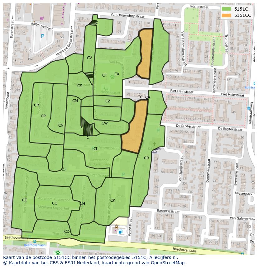 Afbeelding van het postcodegebied 5151 CC op de kaart.