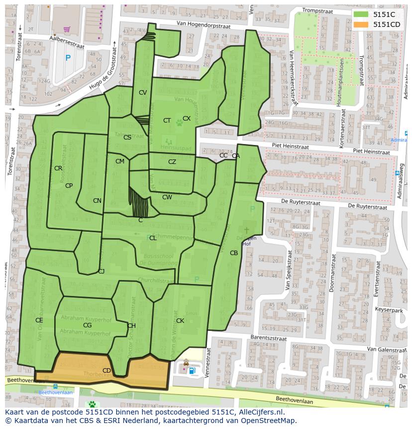 Afbeelding van het postcodegebied 5151 CD op de kaart.