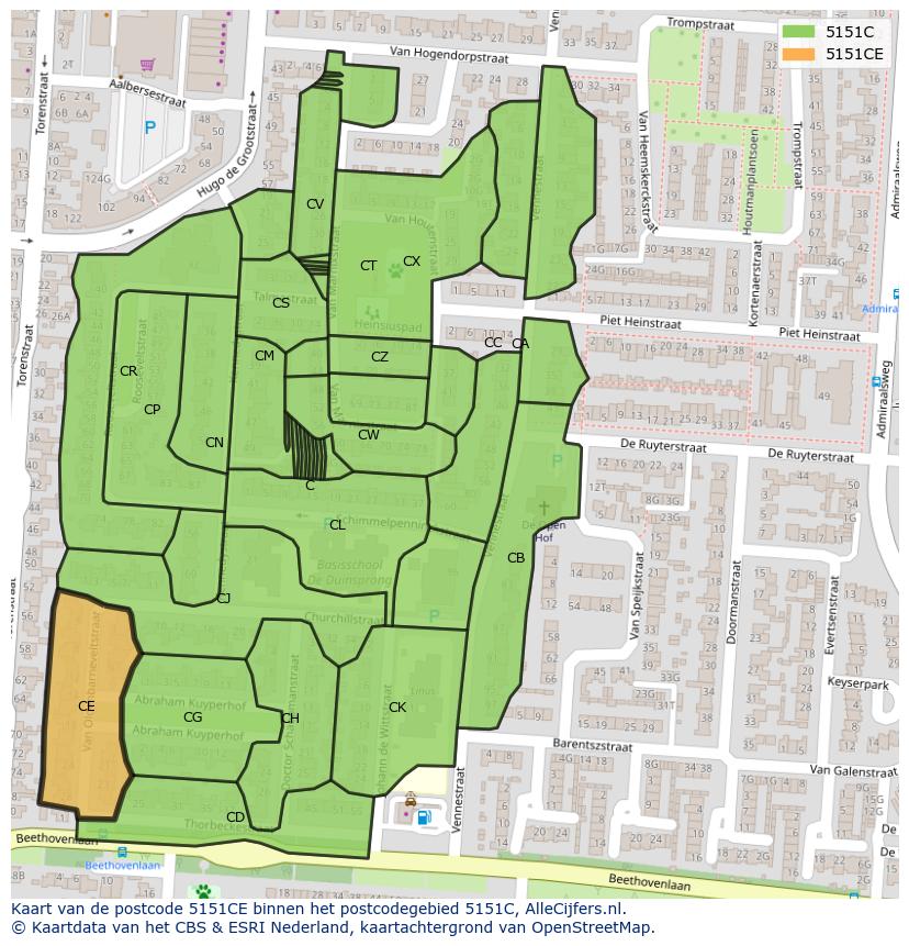 Afbeelding van het postcodegebied 5151 CE op de kaart.