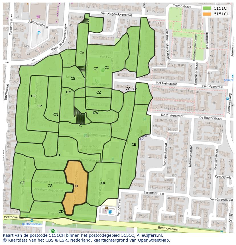 Afbeelding van het postcodegebied 5151 CH op de kaart.