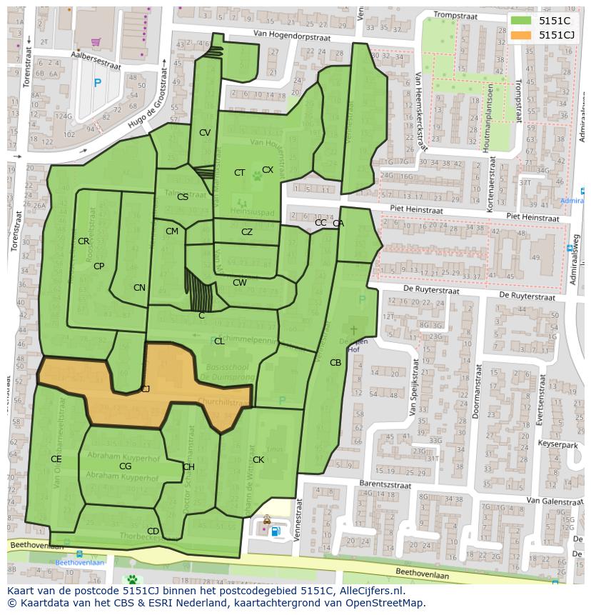 Afbeelding van het postcodegebied 5151 CJ op de kaart.