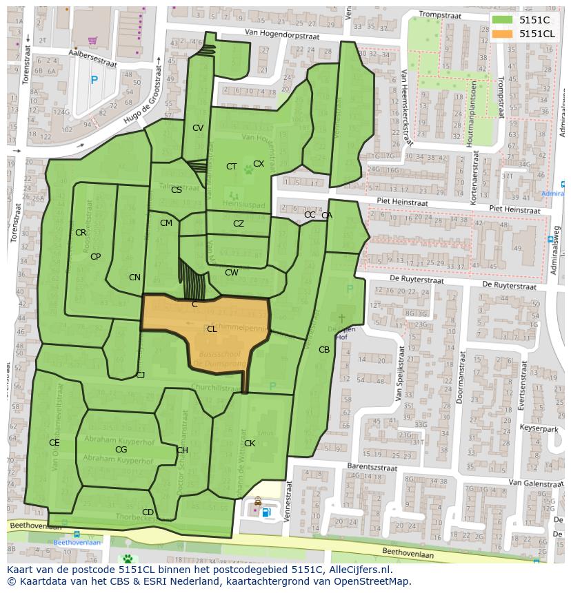 Afbeelding van het postcodegebied 5151 CL op de kaart.