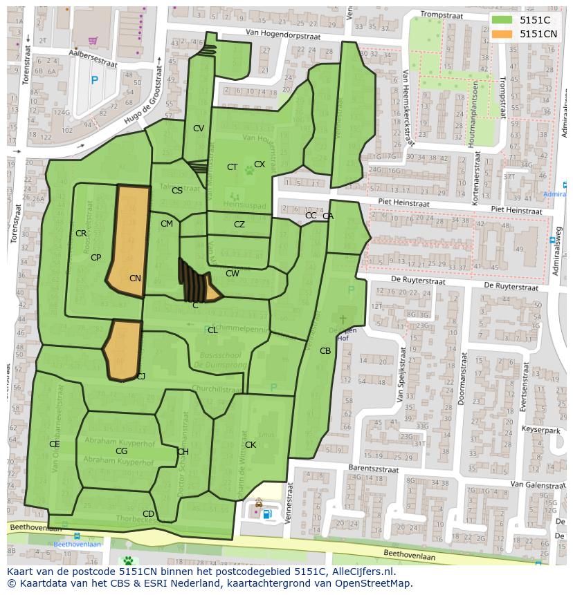 Afbeelding van het postcodegebied 5151 CN op de kaart.