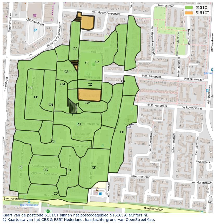 Afbeelding van het postcodegebied 5151 CT op de kaart.