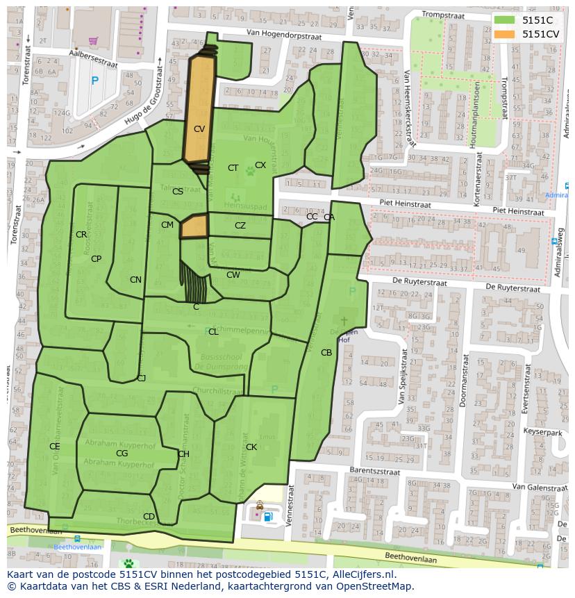 Afbeelding van het postcodegebied 5151 CV op de kaart.