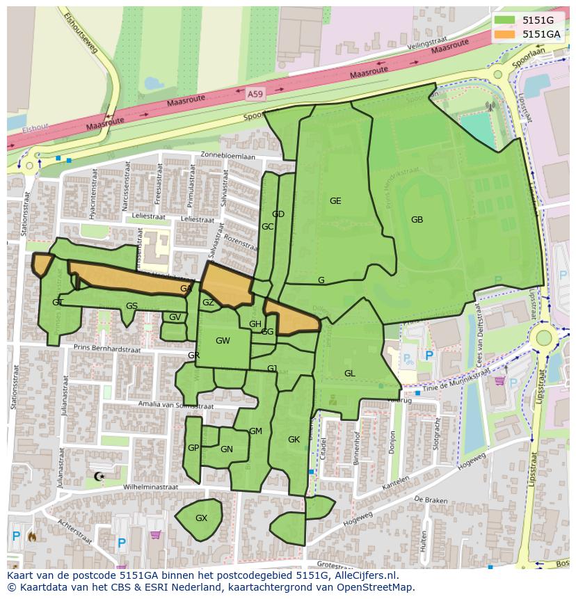 Afbeelding van het postcodegebied 5151 GA op de kaart.