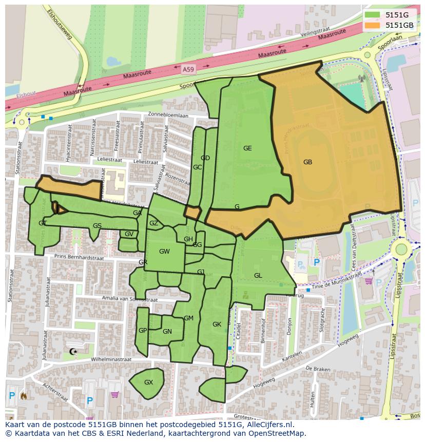 Afbeelding van het postcodegebied 5151 GB op de kaart.