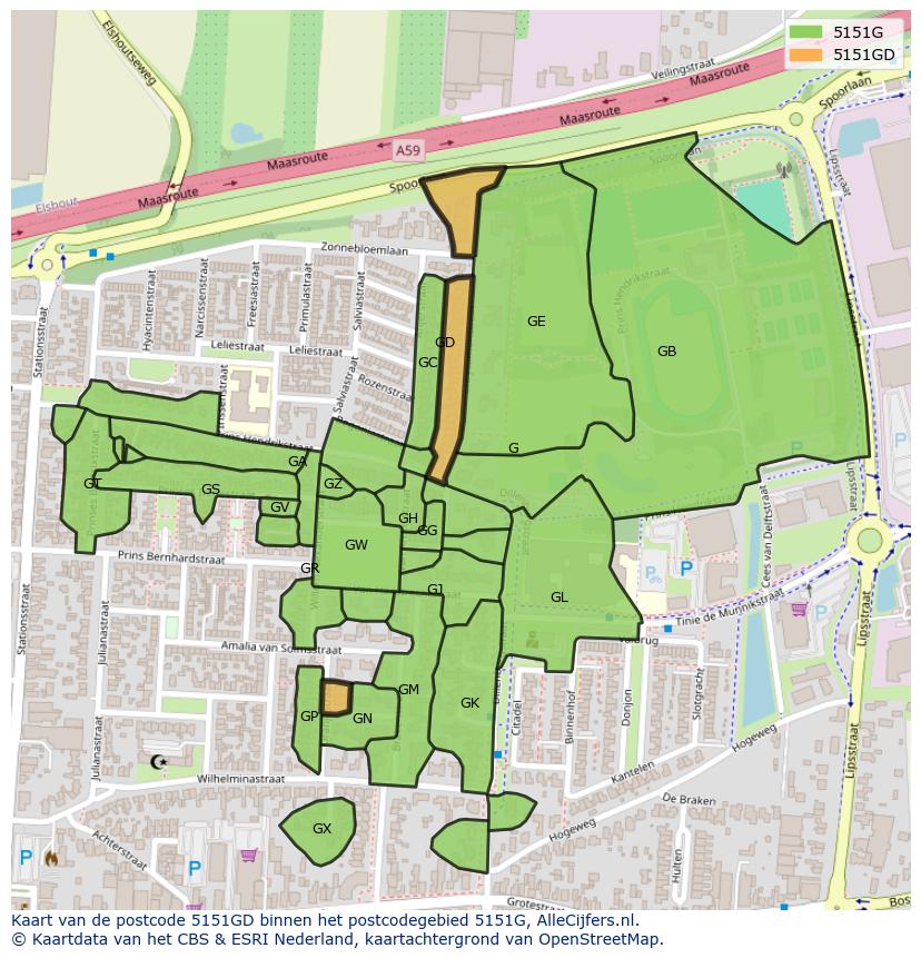 Afbeelding van het postcodegebied 5151 GD op de kaart.