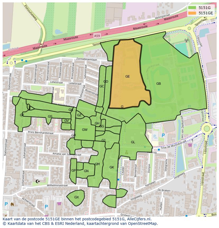 Afbeelding van het postcodegebied 5151 GE op de kaart.