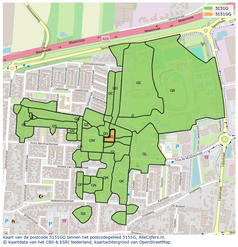 Afbeelding van het postcodegebied 5151 GG op de kaart.