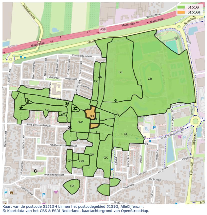 Afbeelding van het postcodegebied 5151 GH op de kaart.