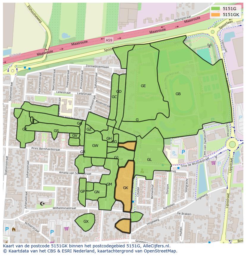 Afbeelding van het postcodegebied 5151 GK op de kaart.
