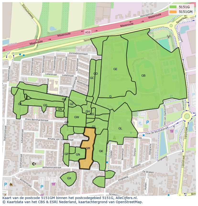 Afbeelding van het postcodegebied 5151 GM op de kaart.