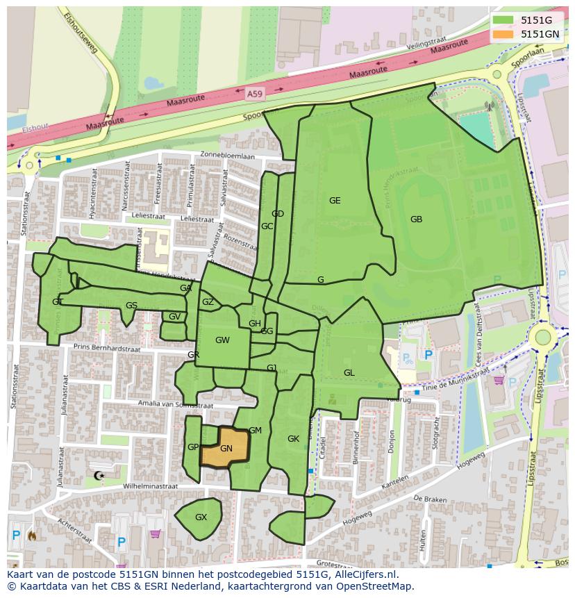 Afbeelding van het postcodegebied 5151 GN op de kaart.