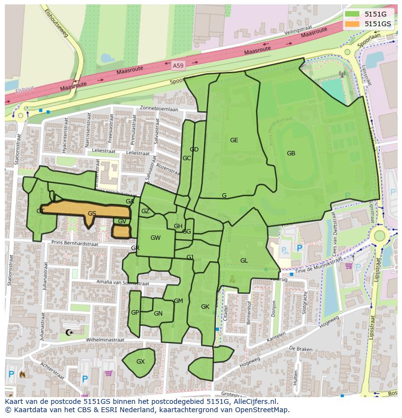 Afbeelding van het postcodegebied 5151 GS op de kaart.