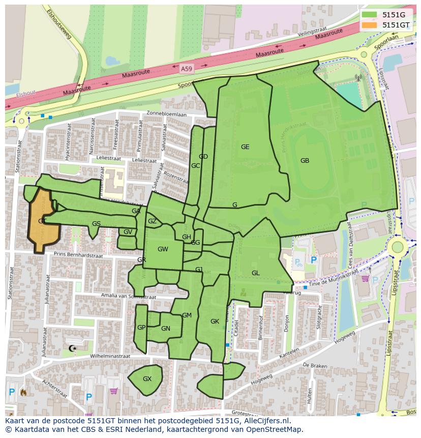 Afbeelding van het postcodegebied 5151 GT op de kaart.