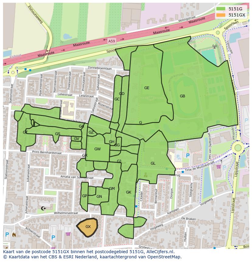 Afbeelding van het postcodegebied 5151 GX op de kaart.