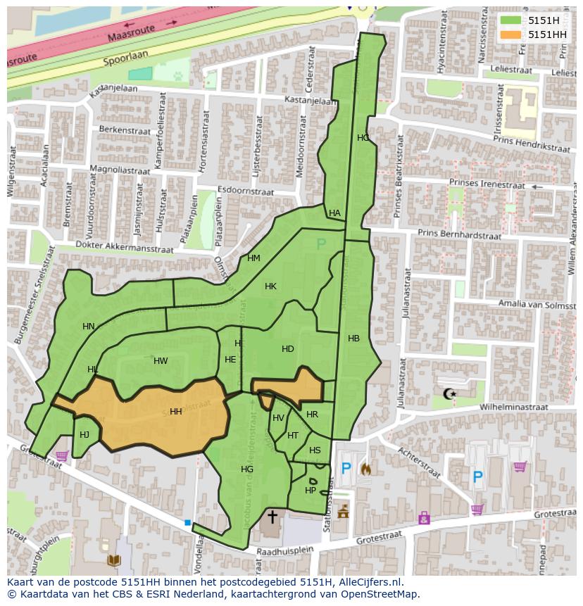 Afbeelding van het postcodegebied 5151 HH op de kaart.