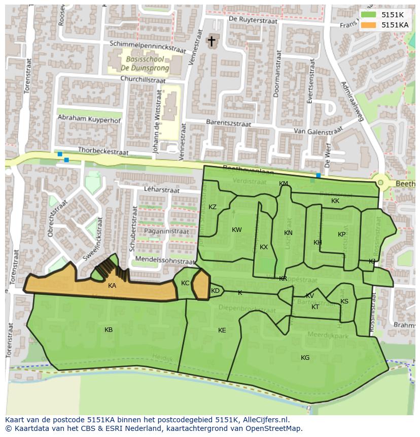Afbeelding van het postcodegebied 5151 KA op de kaart.