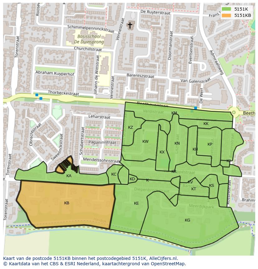 Afbeelding van het postcodegebied 5151 KB op de kaart.