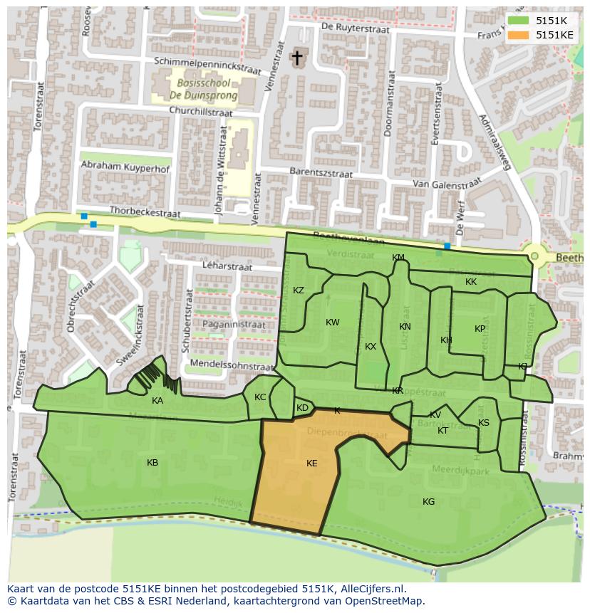 Afbeelding van het postcodegebied 5151 KE op de kaart.