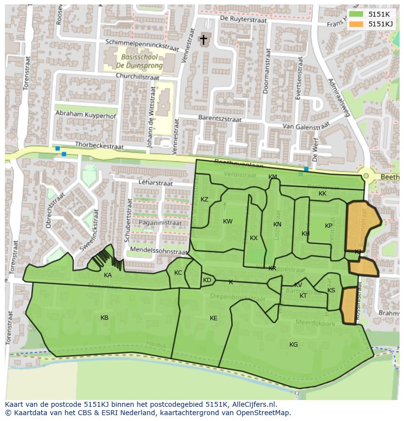 Afbeelding van het postcodegebied 5151 KJ op de kaart.