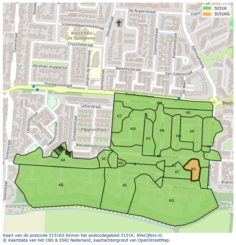 Afbeelding van het postcodegebied 5151 KS op de kaart.