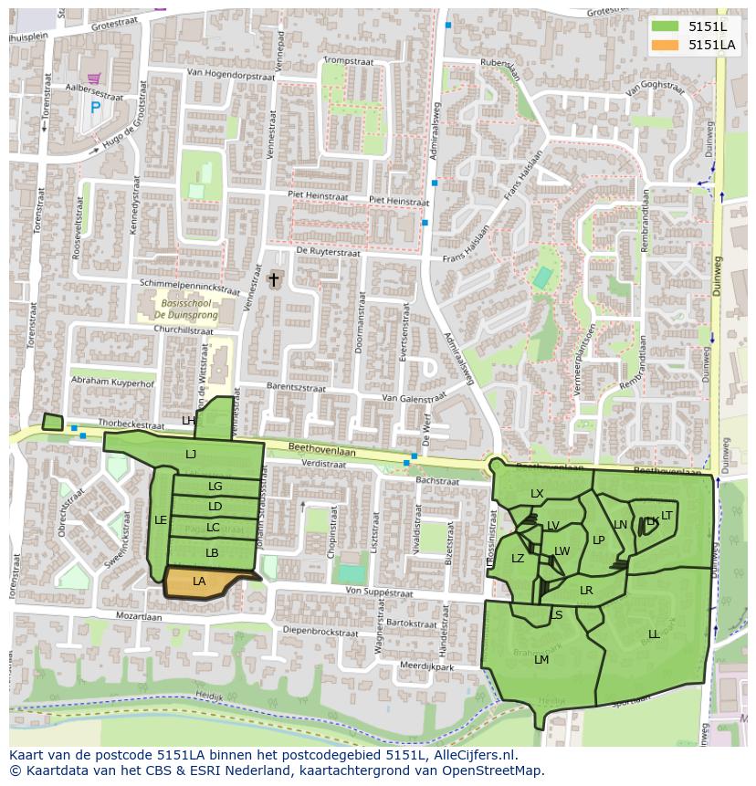 Afbeelding van het postcodegebied 5151 LA op de kaart.