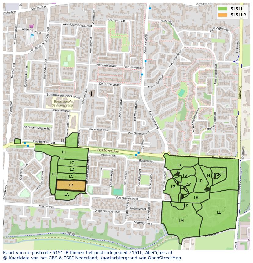 Afbeelding van het postcodegebied 5151 LB op de kaart.