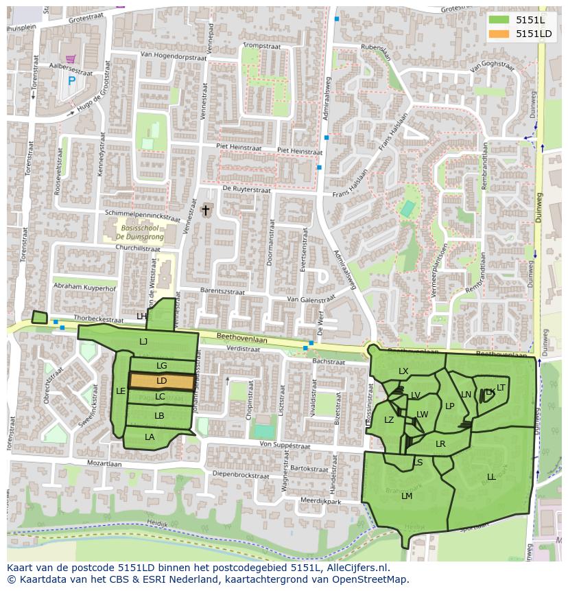 Afbeelding van het postcodegebied 5151 LD op de kaart.