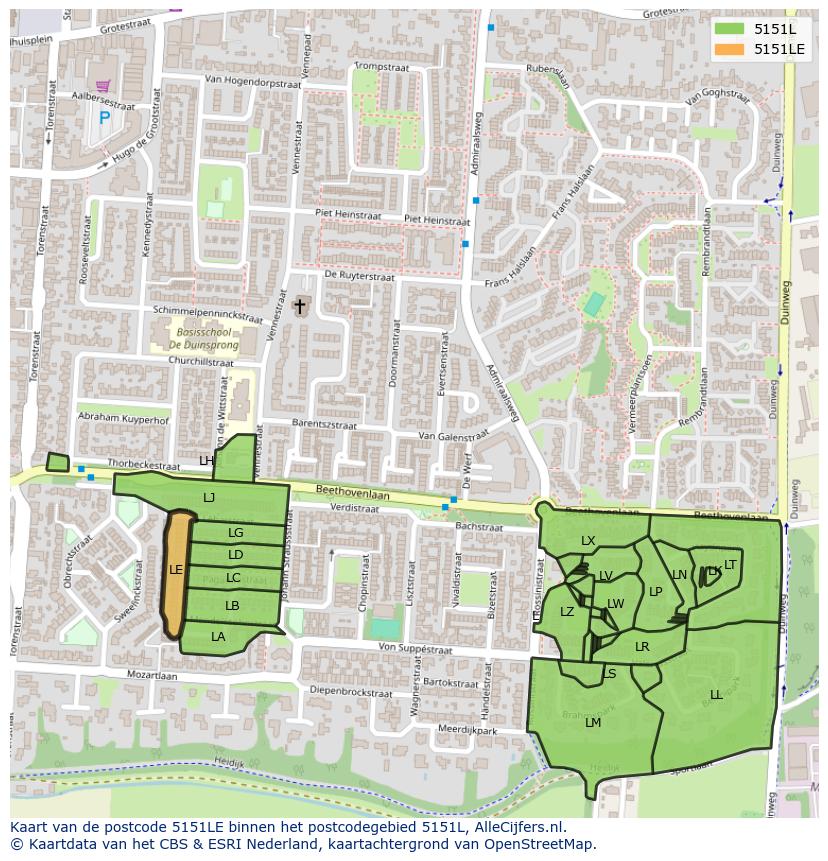 Afbeelding van het postcodegebied 5151 LE op de kaart.
