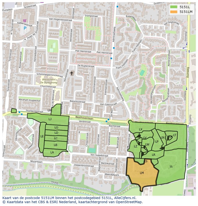 Afbeelding van het postcodegebied 5151 LM op de kaart.