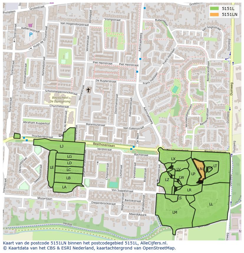 Afbeelding van het postcodegebied 5151 LN op de kaart.