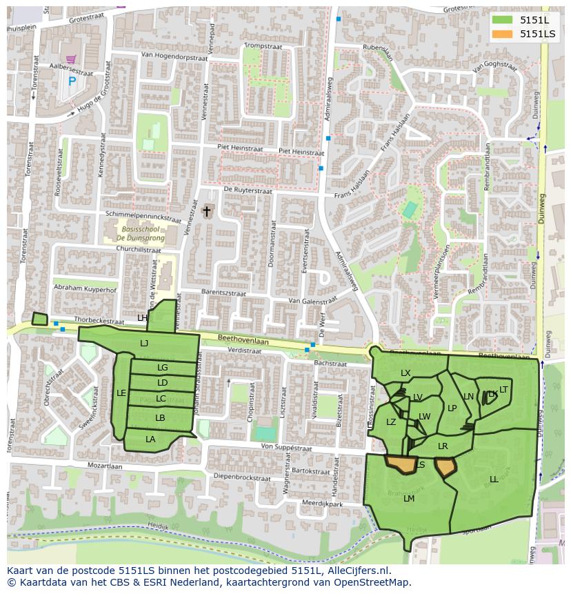 Afbeelding van het postcodegebied 5151 LS op de kaart.